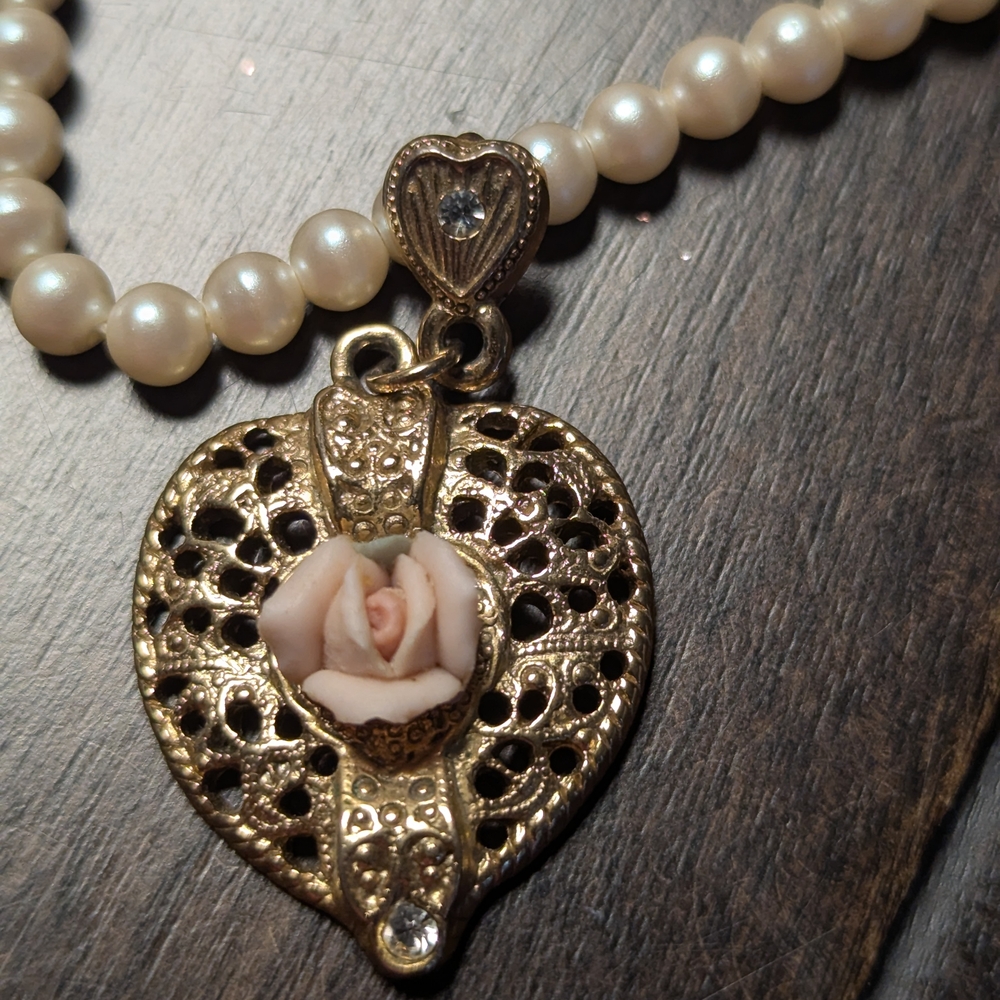 1928 Gold Heart Necklace with Pearl and Rose Detail